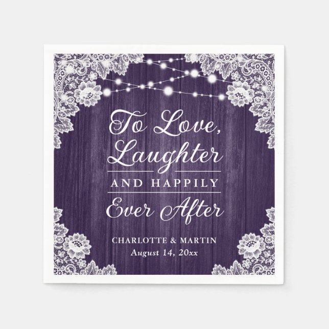 Romantische rustikale Holzlace Lila Hochzeit Serviette (Vorderseite)