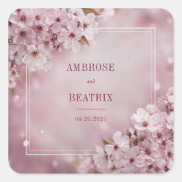 Romantische Sakura Blossom Hochzeitsticker Quadratischer Aufkleber