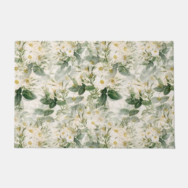 Romantische sanfte weiße Blume und grüne Blätter Fußmatte (Vorderseite)