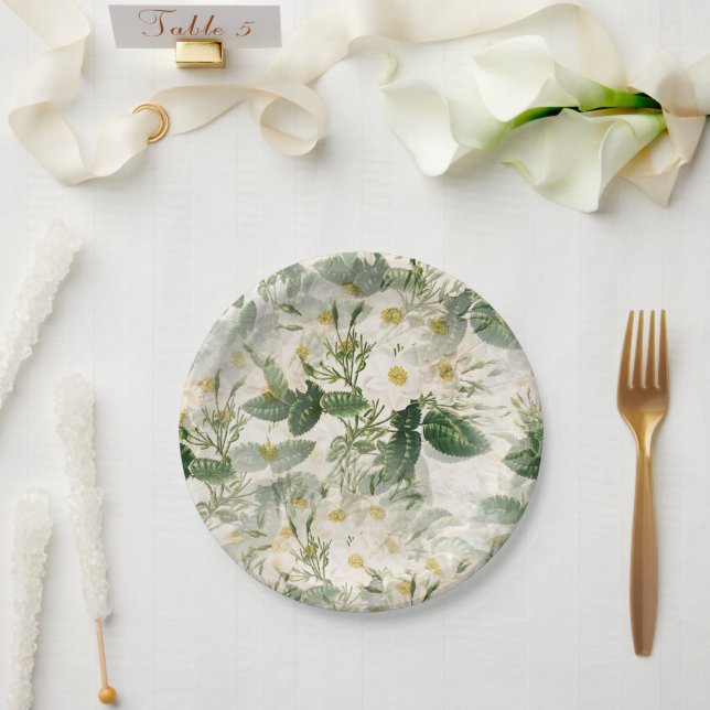 Romantische sanfte weiße Blume und grüne Blätter Pappteller (Hochzeit)