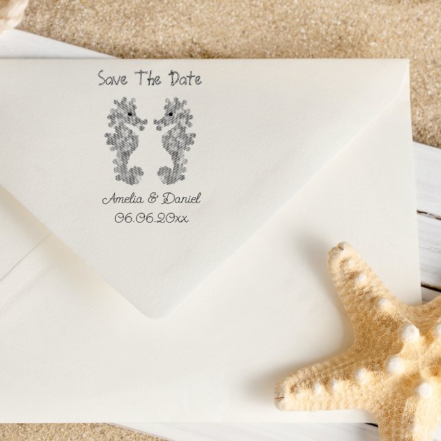 Romantische Save the Date Seepferd Selbstfärbende  Permastempel (Beach wedding Save the Date
inspiration.)