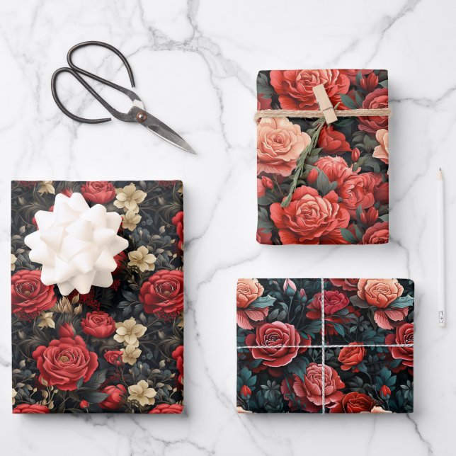 Romantische Schattierungen von Rote Rosen Geschenkpapier Set (Vorderseite)