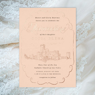 Romantische Schloss-Fantasy-Quinceañera Gold Folieneinladung