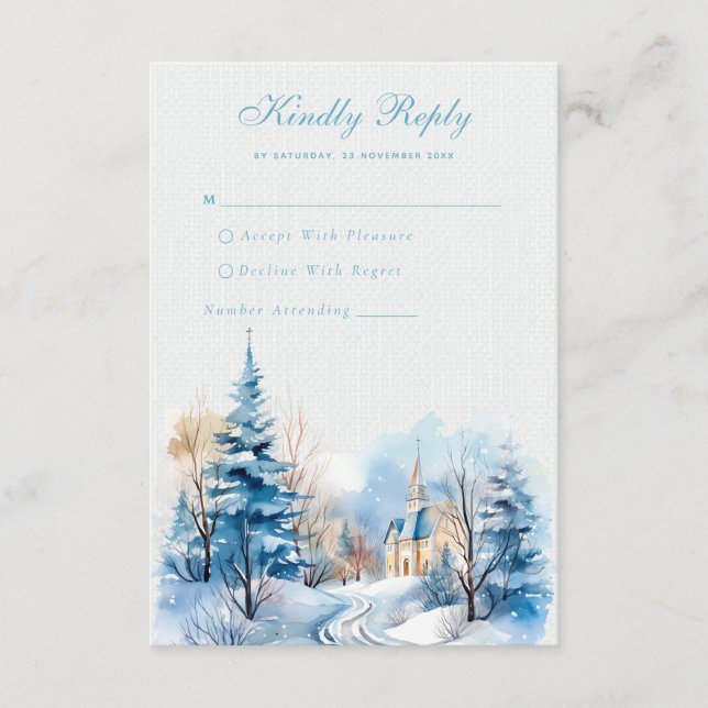 Romantische Schneekirche Hochzeit RSVP Card Begleitkarte (Vorderseite)