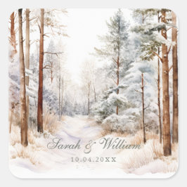 Romantische Schneewaldhochzeit Quadratischer Aufkleber