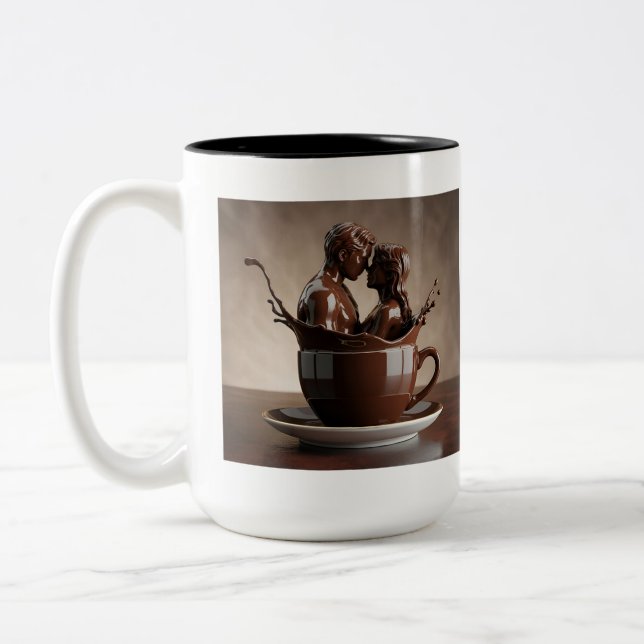 Romantische Schokolade Liebe Skulptur im Kaffeecup Zweifarbige Tasse (Links)