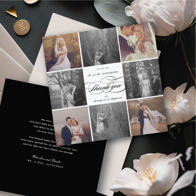 Romantische Schrift 8-Foto Elegantes Hochzeitsdesi Dankeskarte (Romantic Classic Script 8 Multi Photo Collage Chic Wedding Thank You Card @ fatfatin_blue_knot)