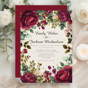 Romantische Schrift Burgunder Blumen Hochzeit Einladung