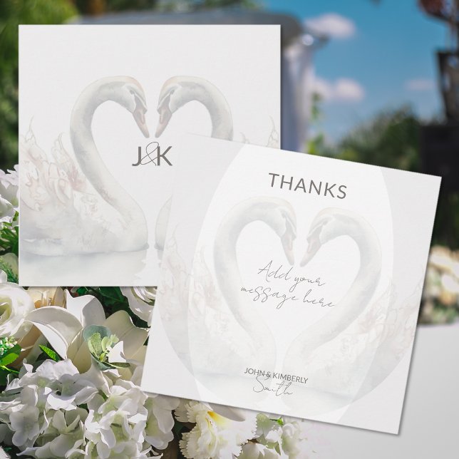 Romantische Schwäne Hochzeit Dankeschön Karte (Romantic Swans Wedding Thank You Card (front and back))