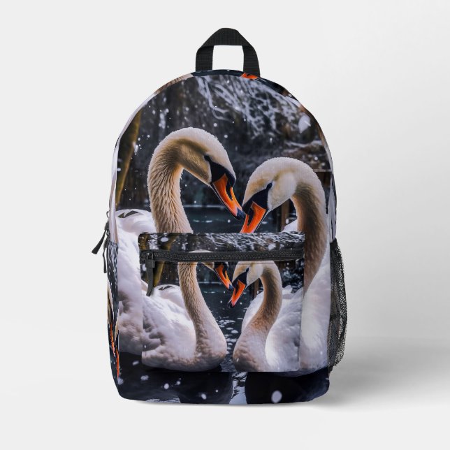 Romantische Schwäne im Winterwunderland Bedruckter Rucksack (Vorderseite)