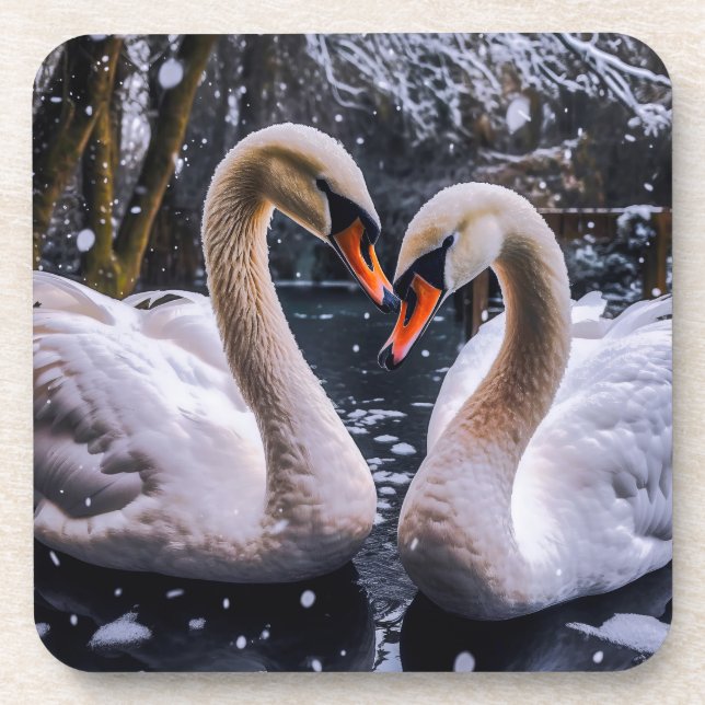 Romantische Schwäne im Winterwunderland Getränkeuntersetzer (Vorderseite)
