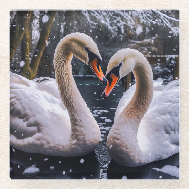 Romantische Schwäne im Winterwunderland Glasuntersetzer (Vorderseite)