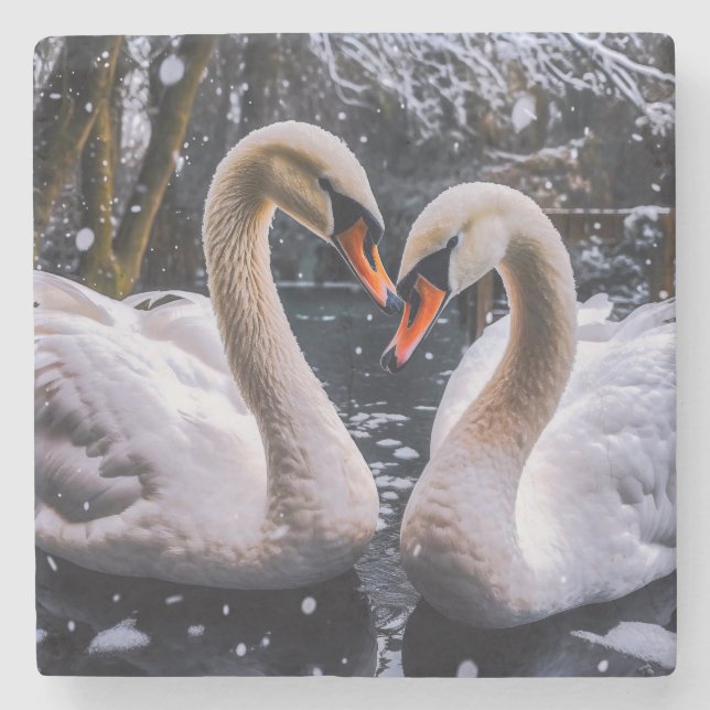 Romantische Schwäne im Winterwunderland Steinuntersetzer (Vorderseite)