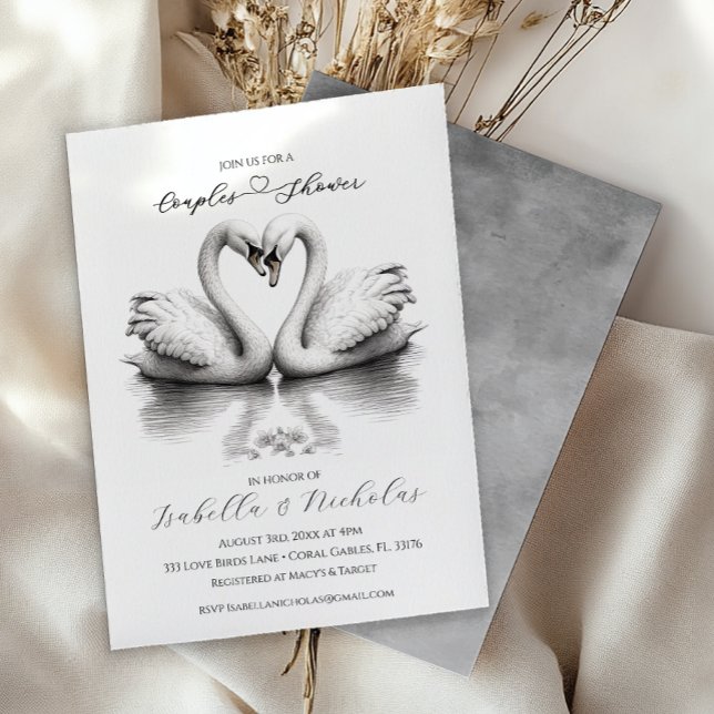 Romantische Schwanenpaare - Einladung (Black and White Romantic Couples Shower Invitation)