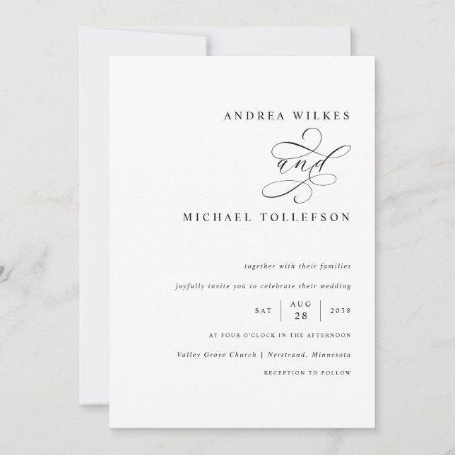 Romantische Schwarz-Weiß-Kalligrafie-Hochzeit Einladung (Vorderseite)