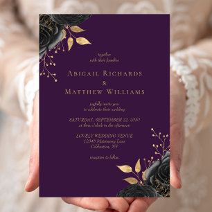 Romantische schwarze Gold-Blumen-Hochzeit in Lila Einladung
