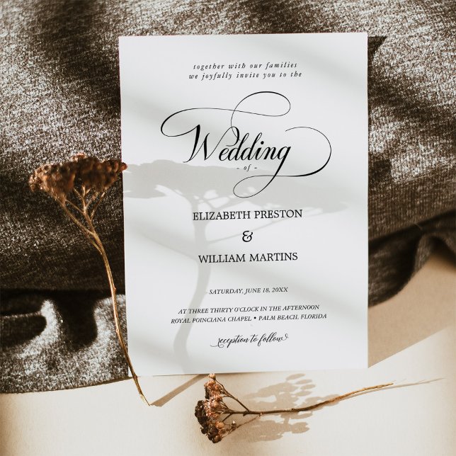 Romantische Schwarze Kalligrafie Script Minimal We Einladung (Add elegance to your special day with our romantic black calligraphy script wedding invitations.)