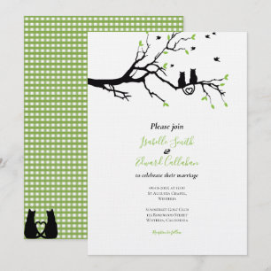 Romantische schwarze Katzen in Tree Green Gingham Einladung