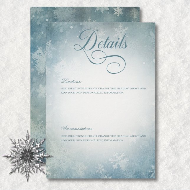 Romantische Schwindelgefühle Blau und Weiß bei Hoc Begleitkarte (Romantic Falling Snow Blue & White Wedding Details Enclosure Card)