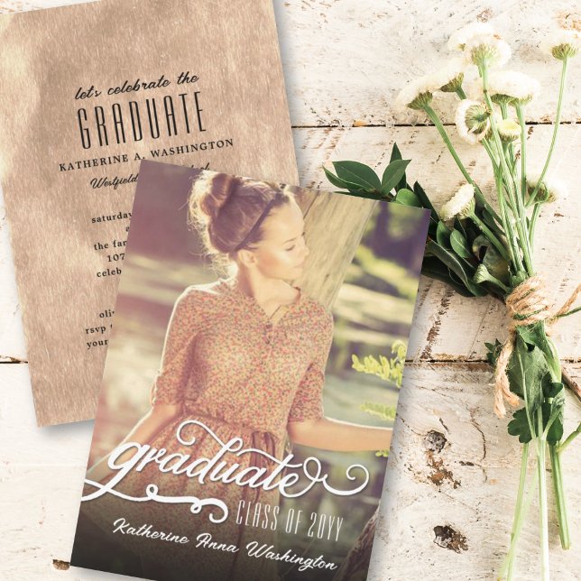Romantische Script Bronze Foil Foto Graduation Par Einladung (Von Creator hochgeladen)