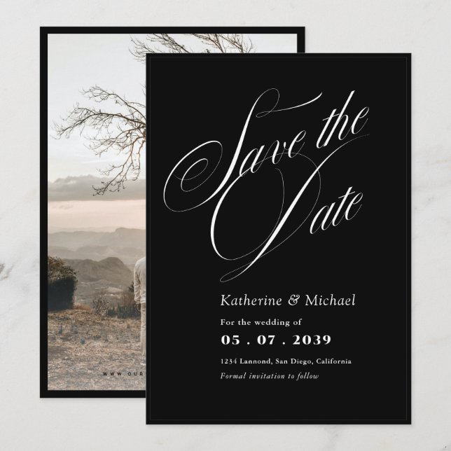 Romantische Script Calligrafy Add Foto Wedding Ger Save The Date (Vorne/Hinten)