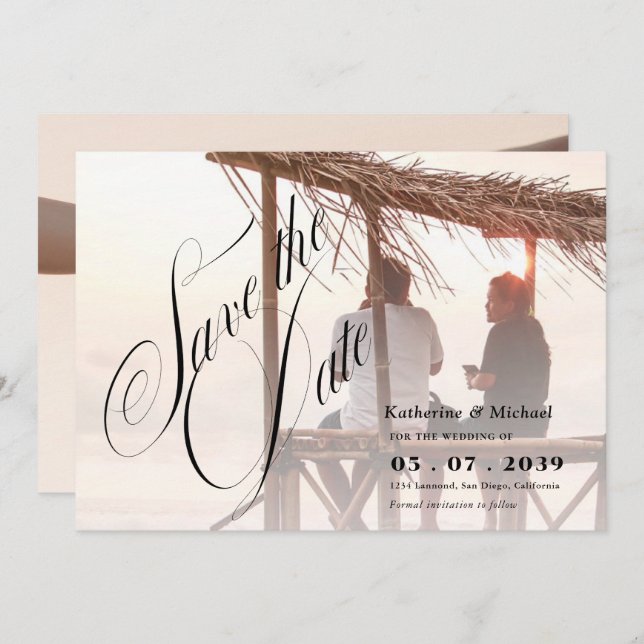 Romantische Script Calligrafy Add Foto Wedding Save The Date (Vorne/Hinten)