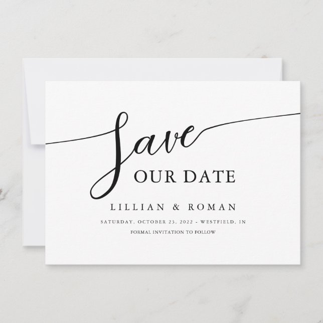 Romantische Script Calligraphy Black & White Weddi Save The Date (Vorderseite)