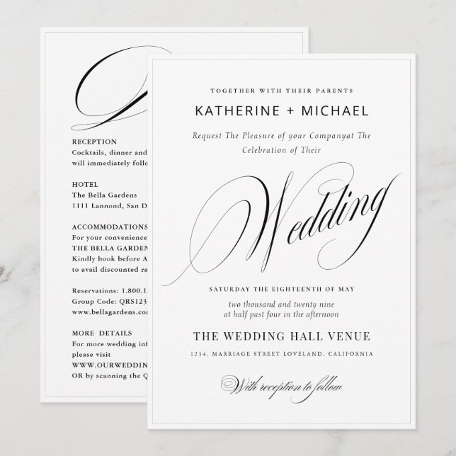 Romantische Script Calligraphy&Details QRcode Wedd Einladung (Vorne/Hinten)