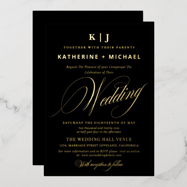 Romantische Script Calligraphy Monogram Gold Weddi Folieneinladung (Vorderseite/Rückseite)