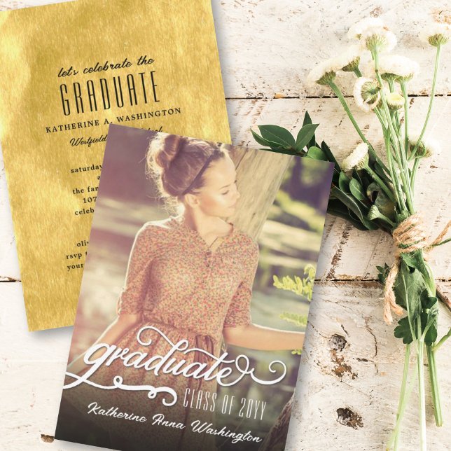 Romantische Script Gold Foil Foto Graduation Party Einladung (Von Creator hochgeladen)