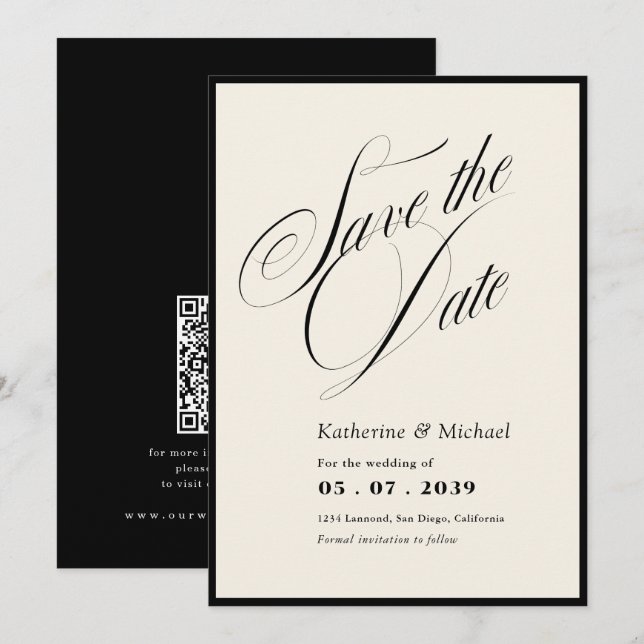 Romantische Script-Kalligrafie QR-Code Hochzeit Save The Date (Vorne/Hinten)
