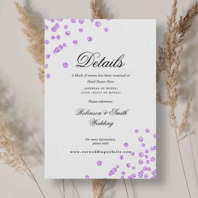 Romantische Script Lila Confetti Wedding Details Begleitkarte (Romantic Script Purple Confetti Wedding Details Enclosure Card)