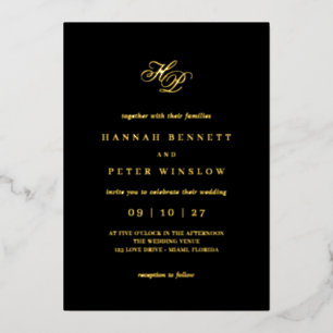 Romantische Script Monogram Initials Black Wedding Folieneinladung