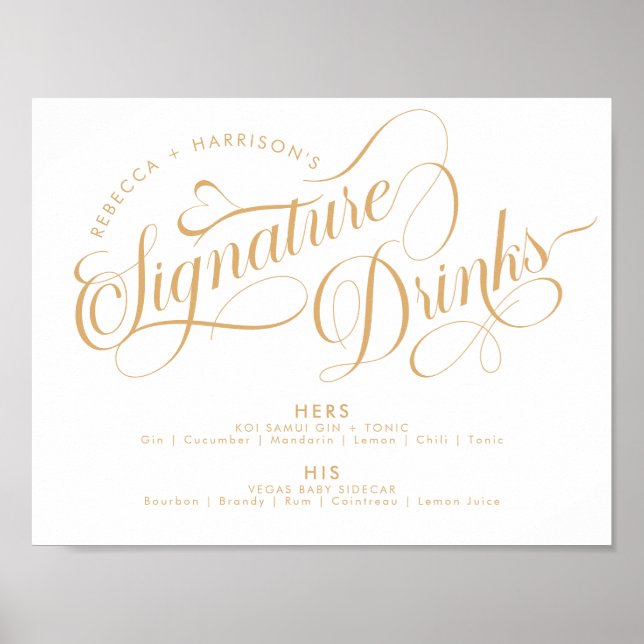 Romantische Script Signature Drinks Hochzeit Bar G Poster (Vorne)