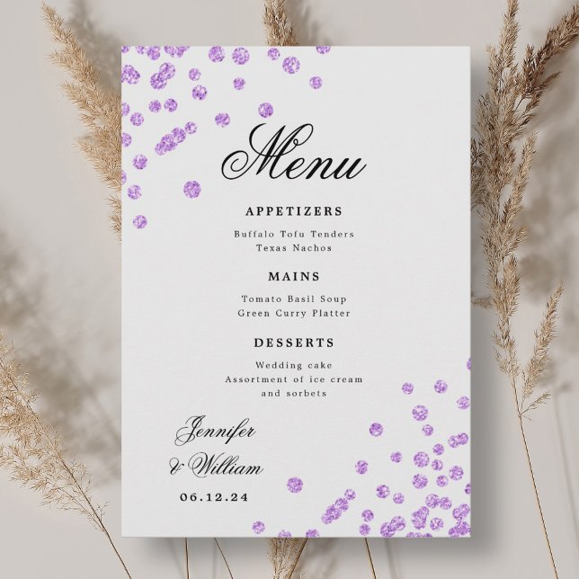 Romantische Script Wedding Confetti Lila Menükarte (Romantic Script Wedding Confetti Purple Menu)