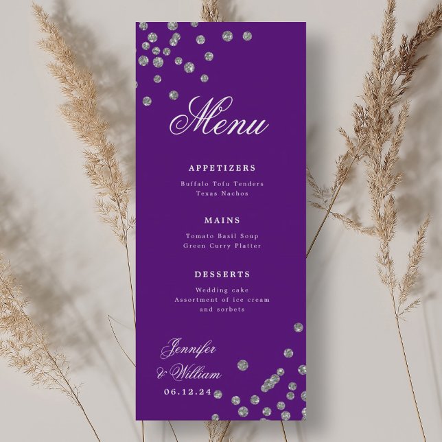 Romantische Script Wedding Confetti Silver Lila Menükarte (Romantic Script Wedding Confetti Silver Purple Menu)