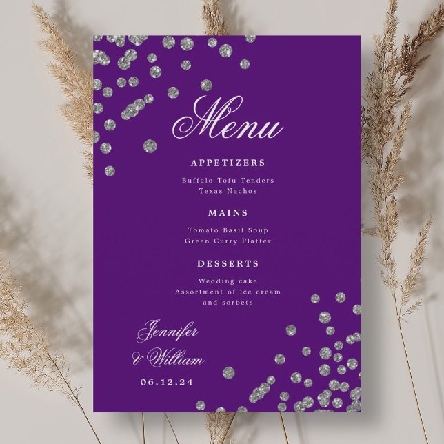 Romantische Script Wedding Confetti Silver Lila Menükarte (Romantic Script Wedding Confetti Silver Purple Menu)