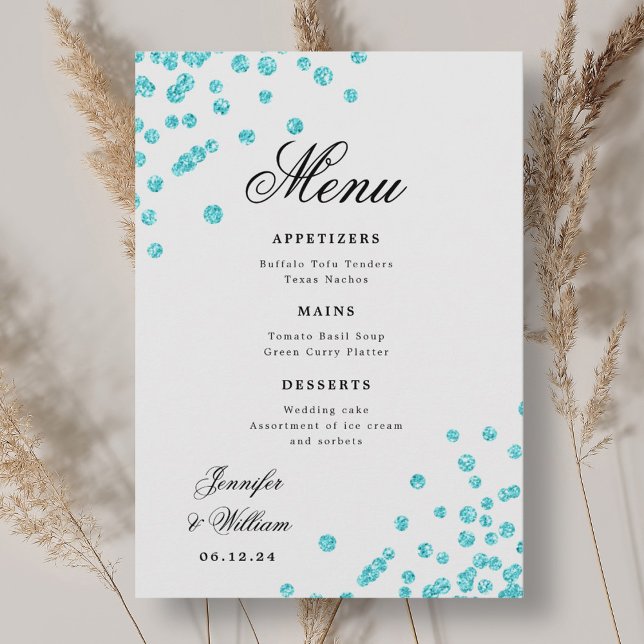 Romantische Script Wedding Confetti Türkis Menükarte (Romantic Script Wedding Confetti Turquoise Menu)