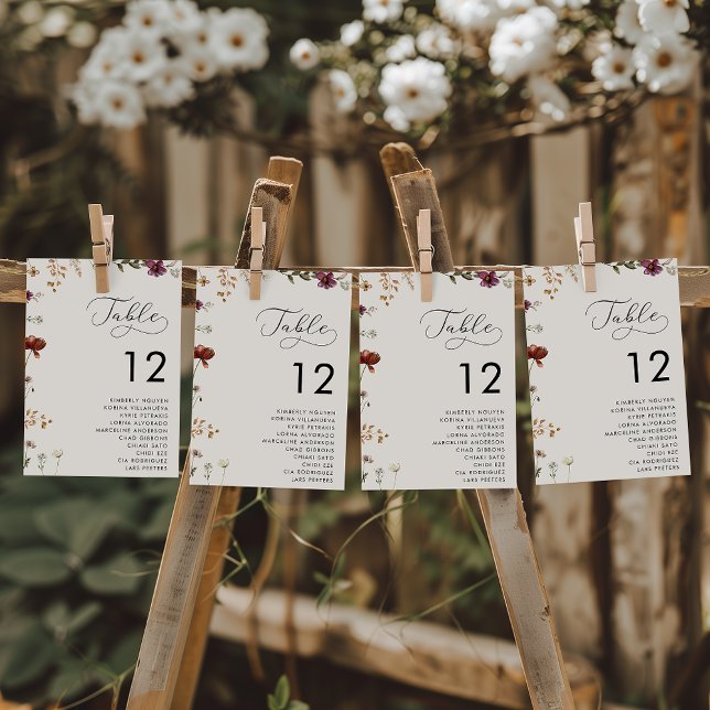 Romantische Script-Wildblumen Elfenbeinsitzdiagram Tischnummer (Von Creator hochgeladen)