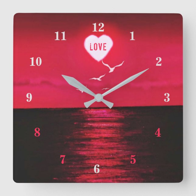 Romantische Sea Sunset Clock Ueart Sun Text Liebe Quadratische Wanduhr (Vorderseite)