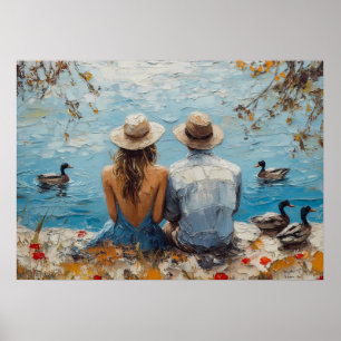 Romantische Seenlandschaft mit Enten und Paaren Poster
