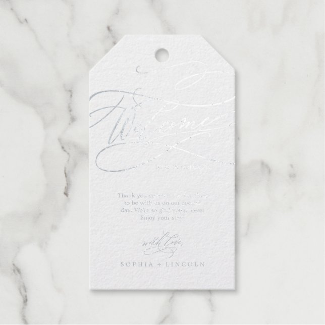 Romantische Silber Foil Calligrafy Wedding Willkom Geschenkanhänger (Vorderseite)