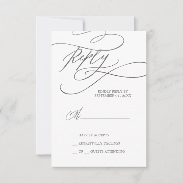 Romantische Silberkalligrafie Einfache RSVP-Karte RSVP Karte (Vorderseite)