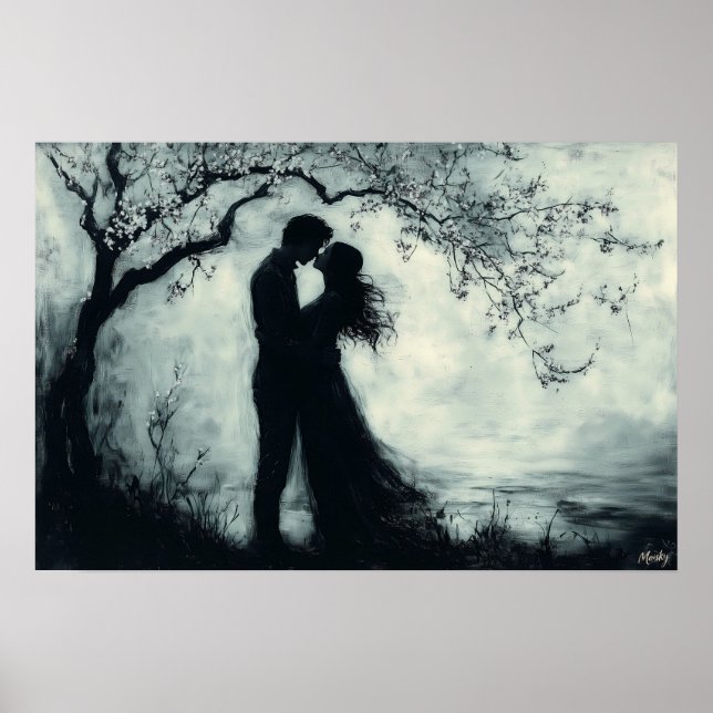 Romantische Silhouette Couple Under Tree Monochrom Poster (Vorne)