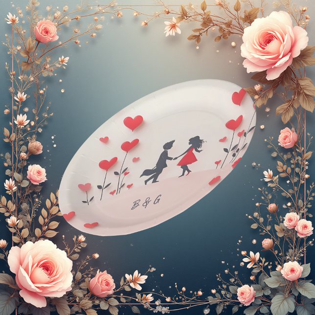 Romantische Silhouette Rote Herzen Hochzeit Pappteller (Von Creator hochgeladen)