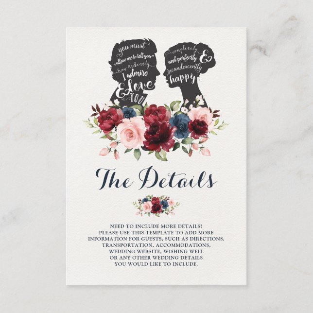 Romantische Silhouetten Maroon Blumendetails Begleitkarte (Vorderseite)