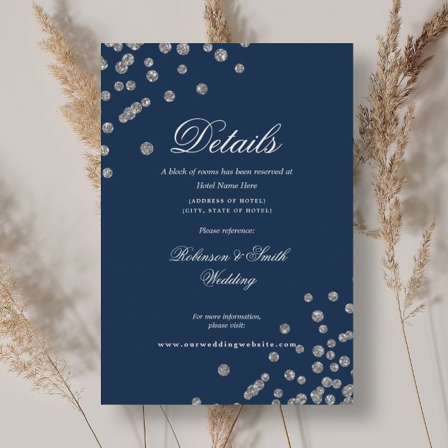 Romantische Silver Confetti Wedding Details Navy Begleitkarte (Romantic Silver Confetti Wedding Details Navy Enclosure Card)