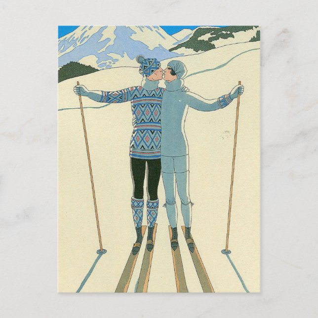 Romantische Skifahrer in Blau Postkarte (Vorderseite)