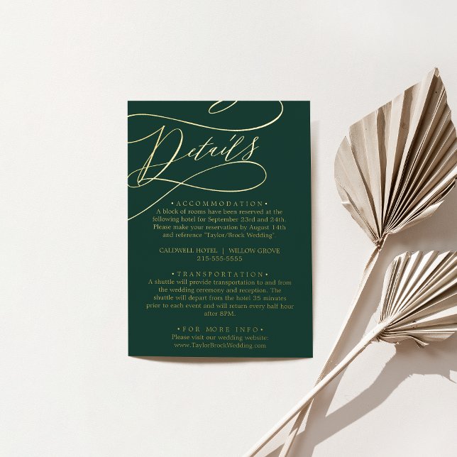 Romantische Smaragdgrün- und Goldforelle-Karte Folie Einladungspostkarte (Romantic Emerald Green and Gold Foil Details Card)
