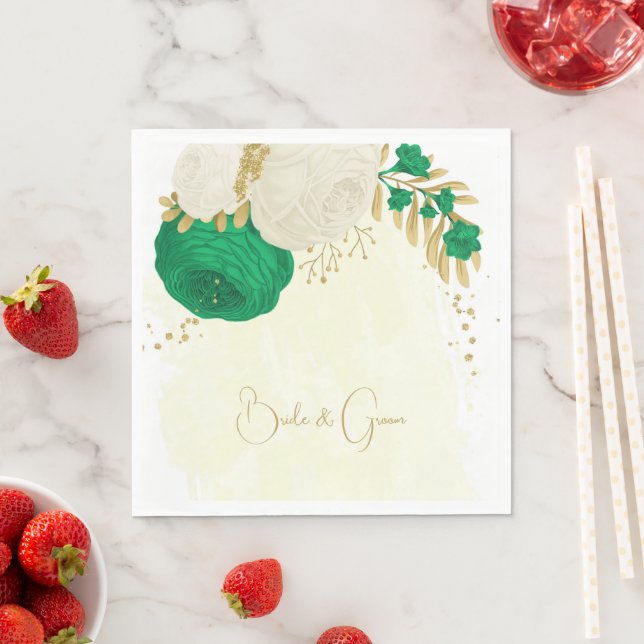 Romantische Smaragdgrün-weiße Blume Gold Serviette (Beispiel)
